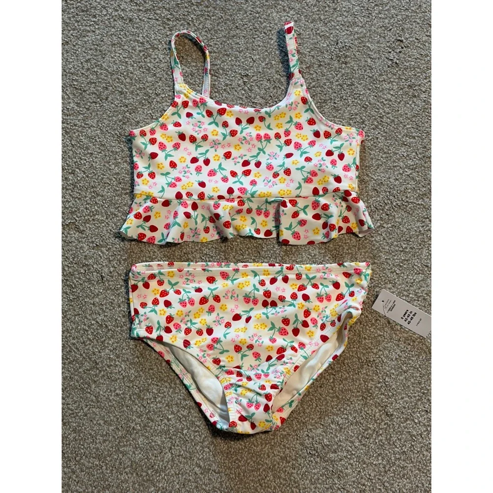 Baby Gap Girls Strawberry Floral Ruffle Two Piece Swimsuit UPF 50+ White 5 Years